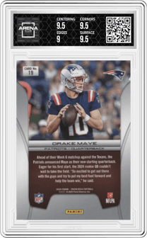 Drake Maye from the 2024 Panini Prizm Deca set graded by Arena Club and given an overall grade of 9.5.