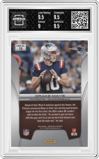 Drake Maye from the 2024 Panini Prizm Deca set graded by Arena Club and given an overall grade of 9.5.