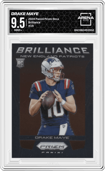 Drake Maye from the 2024 Panini Prizm Deca set graded by Arena Club and given an overall grade of 9.5.