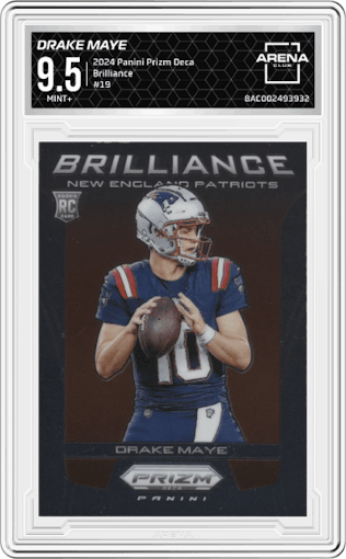 Drake Maye from the 2024 Panini Prizm Deca set graded by Arena Club and given an overall grade of 9.5.