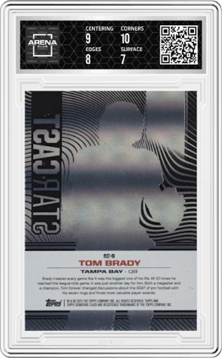 Tom Brady from the 2024 Topps Signature set graded by Arena Club and given an overall grade of 7.5.