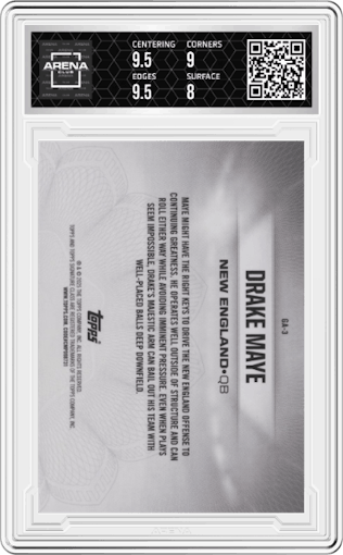 Drake Maye from the 2024 Topps Signature Class set graded by Arena Club and given an overall grade of 8.5.