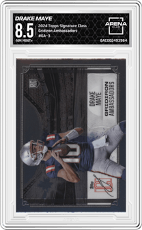 Drake Maye from the 2024 Topps Signature Class set graded by Arena Club and given an overall grade of 8.5.