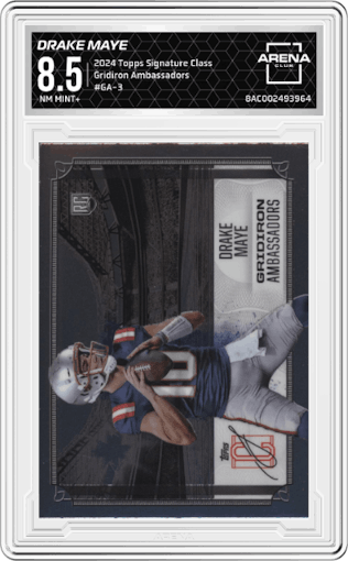 Drake Maye from the 2024 Topps Signature Class set graded by Arena Club and given an overall grade of 8.5.