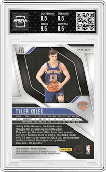 Tyler Kolek from the 2024-25 Panini Prizm set featuring a Ice Prizm parallel graded by Arena Club and given an overall grade of 9.