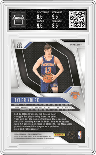 Tyler Kolek from the 2024-25 Panini Prizm set featuring a Ice Prizm parallel graded by Arena Club and given an overall grade of 9.