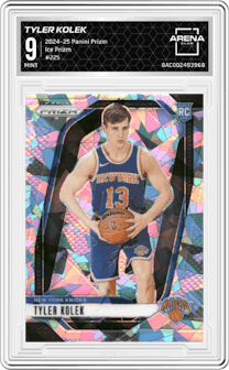 Tyler Kolek from the 2024-25 Panini Prizm set featuring a Ice Prizm parallel graded by Arena Club and given an overall grade of 9.