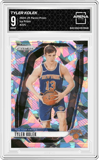 Tyler Kolek from the 2024-25 Panini Prizm set featuring a Ice Prizm parallel graded by Arena Club and given an overall grade of 9.