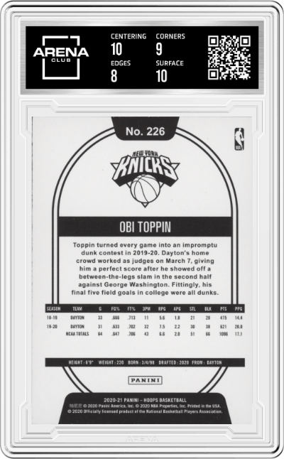 Obi Toppin from the 2020-21 Panini NBA Hoops Basketball set graded by Arena Club and given an overall grade of 8.5.