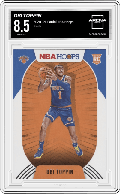 Obi Toppin from the 2020-21 Panini NBA Hoops Basketball set graded by Arena Club and given an overall grade of 8.5.