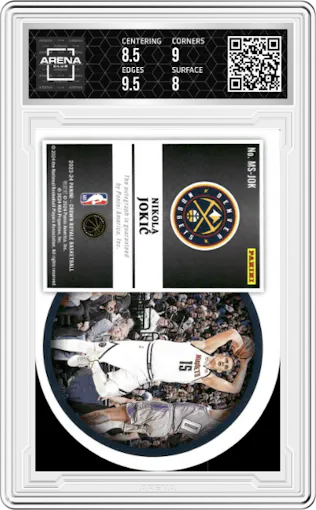 Nikola Jokic from the 2023-24 Panini Crown Royale  set graded by Arena Club and given an overall grade of 8.5.