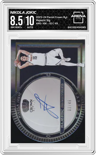 Nikola Jokic from the 2023-24 Panini Crown Royale  set graded by Arena Club and given an overall grade of 8.5.