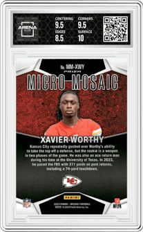 Xavier Worthy from the 2024 Panini Mosaic set graded by Arena Club and given an overall grade of 9.