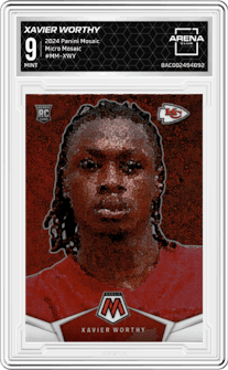 Xavier Worthy from the 2024 Panini Mosaic set graded by Arena Club and given an overall grade of 9.