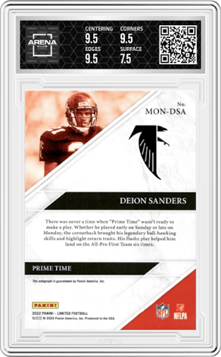 Deion Sanders from the 2022 Panini Limited set graded by Arena Club and given an overall grade of 8.