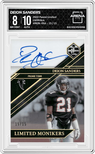Deion Sanders from the 2022 Panini Limited set graded by Arena Club and given an overall grade of 8.