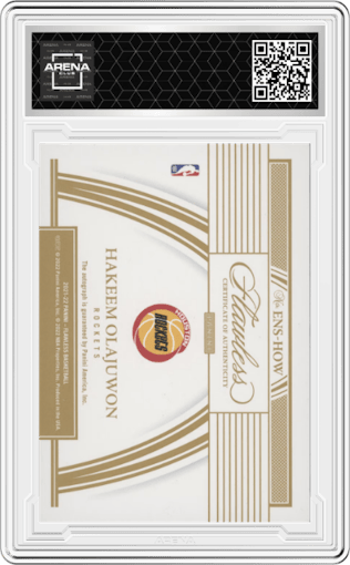 Hakeem Olajuwon from the 2021-22 Panini Flawless set featuring a Gold parallel graded by Arena Club.