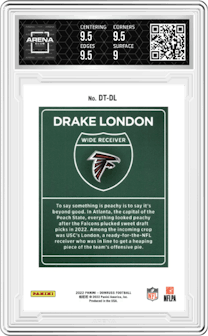 Drake London from the 2022 Panini Donruss set graded by Arena Club and given an overall grade of 9.5.