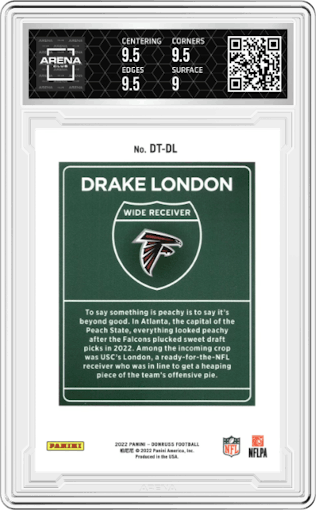 Drake London from the 2022 Panini Donruss set graded by Arena Club and given an overall grade of 9.5.