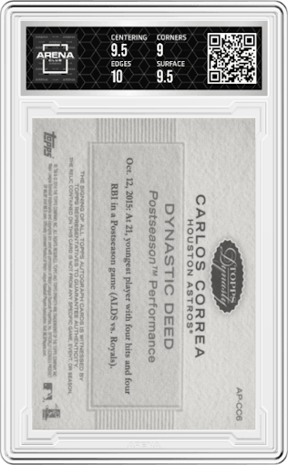 Carlos Correa from the 2016 Topps Dynasty set featuring a Silver parallel graded by Arena Club and given an overall grade of 9.5.