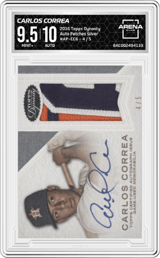 Carlos Correa from the 2016 Topps Dynasty set featuring a Silver parallel graded by Arena Club and given an overall grade of 9.5.