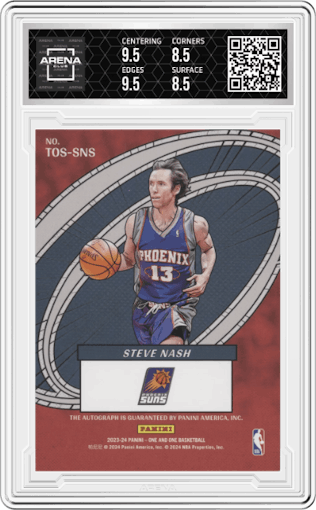 Steve Nash from the 2023-24 Panini One and One set featuring a Red parallel graded by Arena Club and given an overall grade of 9.