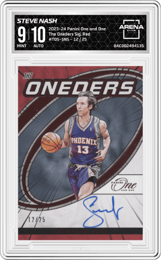 Steve Nash from the 2023-24 Panini One and One set featuring a Red parallel graded by Arena Club and given an overall grade of 9.