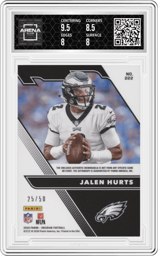 Jalen Hurts from the 2020 Panini Obsidian set featuring a Electric Etch Green parallel graded by Arena Club and given an overall grade of 8.5.
