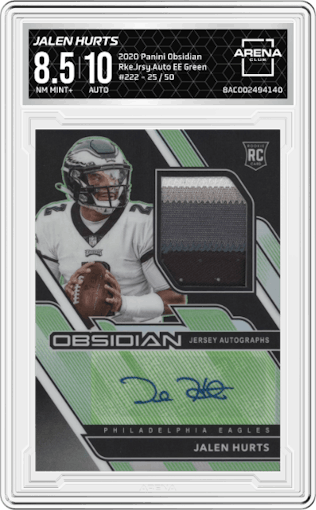 Jalen Hurts from the 2020 Panini Obsidian set featuring a Electric Etch Green parallel graded by Arena Club and given an overall grade of 8.5.
