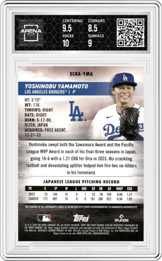 Yoshinobu Yamamoto from the 2024 Topps Stadium Club set graded by Arena Club and given an overall grade of 9.