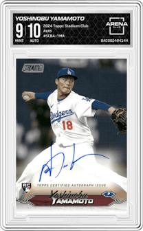 Yoshinobu Yamamoto from the 2024 Topps Stadium Club set graded by Arena Club and given an overall grade of 9.