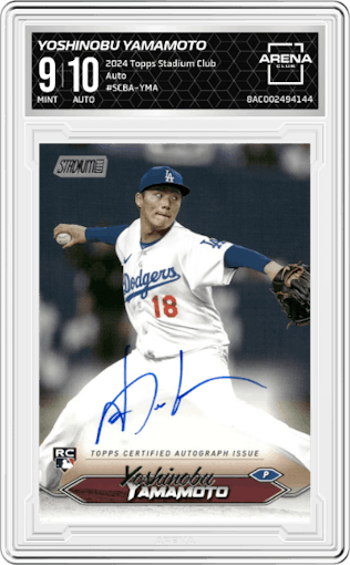 Yoshinobu Yamamoto from the 2024 Topps Stadium Club set graded by Arena Club and given an overall grade of 9.