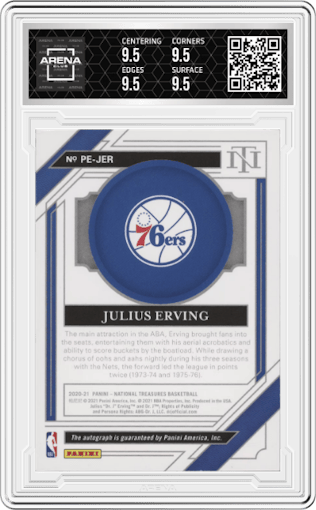 Julius Erving from the 2023-24 Panini National Treasures set featuring a Gold parallel graded by Arena Club and given an overall grade of 9.5.