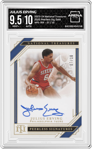 Julius Erving from the 2023-24 Panini National Treasures set featuring a Gold parallel graded by Arena Club and given an overall grade of 9.5.