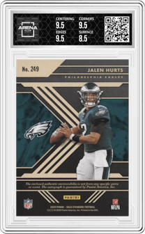 Jalen Hurts from the 2020 Panini Gold Standard set graded by Arena Club and given an overall grade of 9.