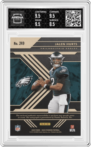 Jalen Hurts from the 2020 Panini Gold Standard set graded by Arena Club and given an overall grade of 9.