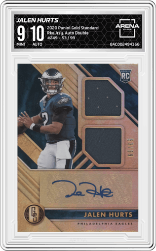 Jalen Hurts from the 2020 Panini Gold Standard set graded by Arena Club and given an overall grade of 9.