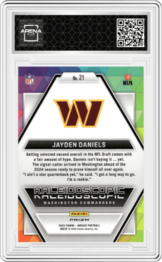 Jayden Daniels from the 2024 Panini Mosaic set graded by Arena Club.