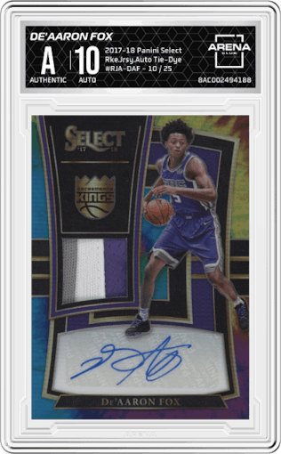De'Aaron Fox from the 2017-18 Panini Select set featuring a Tie-Dye parallel graded by Arena Club.