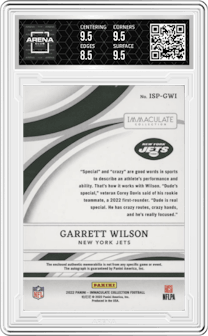 Garrett Wilson from the 2022 Panini Immaculate Collection set and given an overall grade of 9.