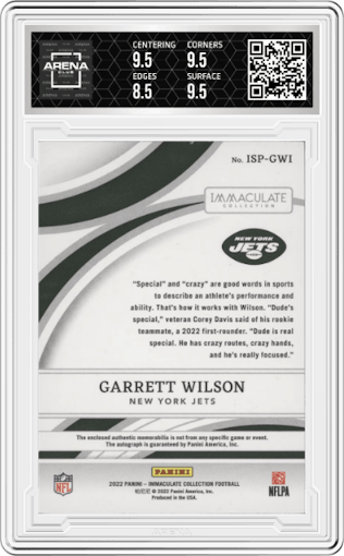Garrett Wilson from the 2022 Panini Immaculate Collection set graded by Arena Club and given an overall grade of 9.