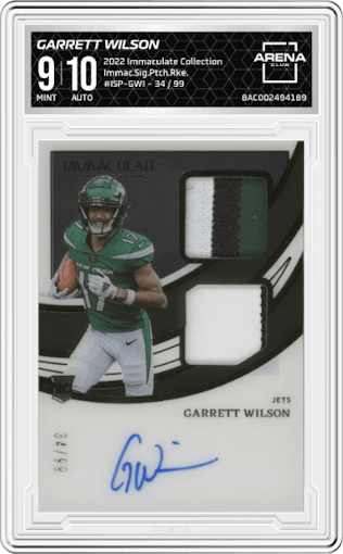 Garrett Wilson from the 2022 Panini Immaculate Collection set graded by Arena Club and given an overall grade of 9.