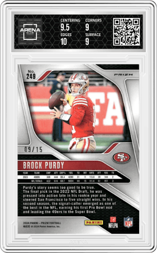 Brock Purdy from the 2024 Panini Prizm set featuring a Choice Cherry Blossom Prizm parallel graded by Arena Club and given an overall grade of 9.5.