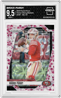 Brock Purdy from the 2024 Panini Prizm set featuring a Choice Cherry Blossom Prizm parallel graded by Arena Club and given an overall grade of 9.5.