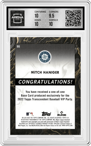 Mitch Haniger from the 2022 Topps Transcendent Collection VIP set graded by Arena Club and given an overall grade of 10.