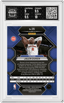 Jalen Duren from the 2022-23 Panini Mosaic set featuring a Genesis parallel graded by Arena Club and given an overall grade of 9.5.