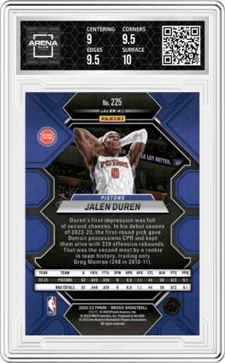 Jalen Duren from the 2022-23 Panini Mosaic set featuring a Genesis parallel graded by Arena Club and given an overall grade of 9.5.