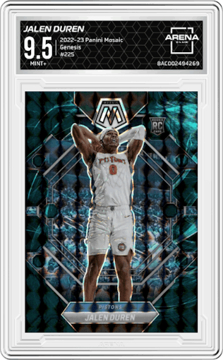 Jalen Duren from the 2022-23 Panini Mosaic set featuring a Genesis parallel graded by Arena Club and given an overall grade of 9.5.