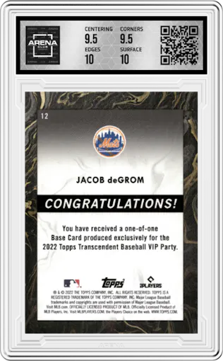 Jacob DeGrom from the 2022 Topps Transcendent Collection VIP set graded by Arena Club and given an overall grade of 10.