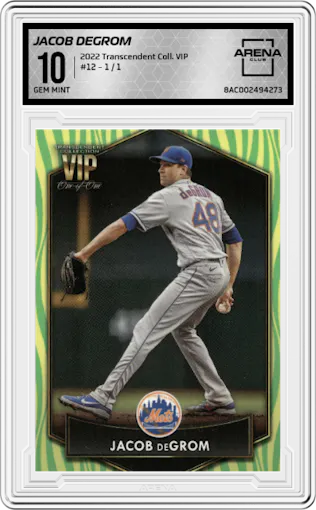 Jacob DeGrom from the 2022 Topps Transcendent Collection VIP set graded by Arena Club and given an overall grade of 10.